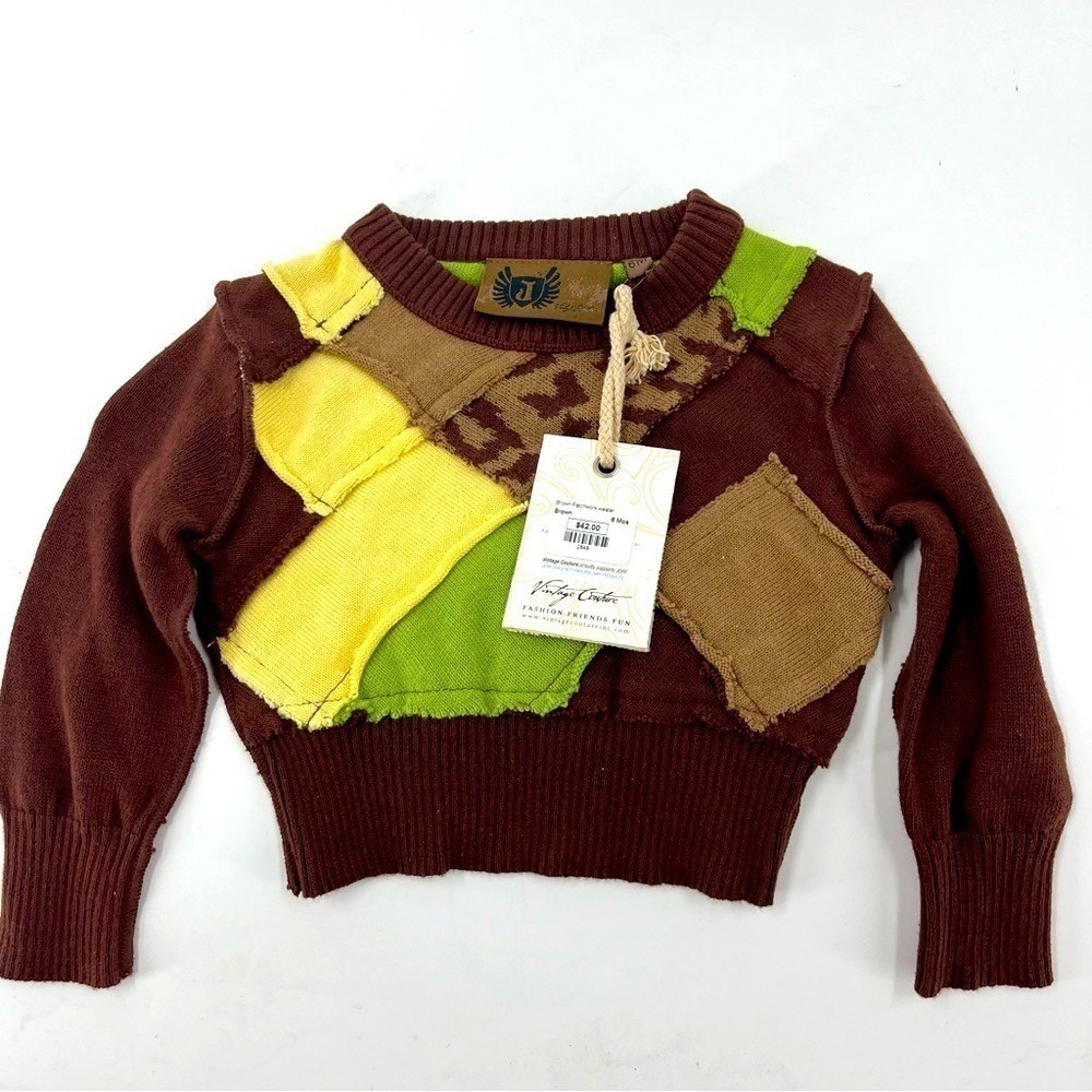 Vintage Couture Kids Brown Patchwork Sweater Leopard‎ Print 6 Months NWT